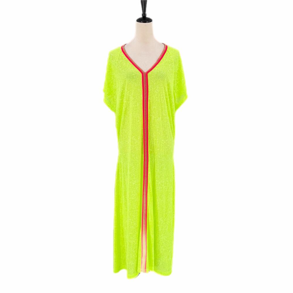 Pitusa OS PETITE Inca Kaftan Neon Green Red Vibrant Coverup Beach Maxi Dress